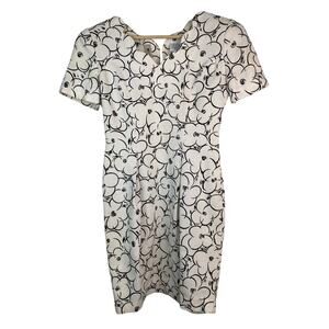 Vintage Ms Chaus Women's 4P White Black Floral Scalloped Neck Sheath Dress‎ *
